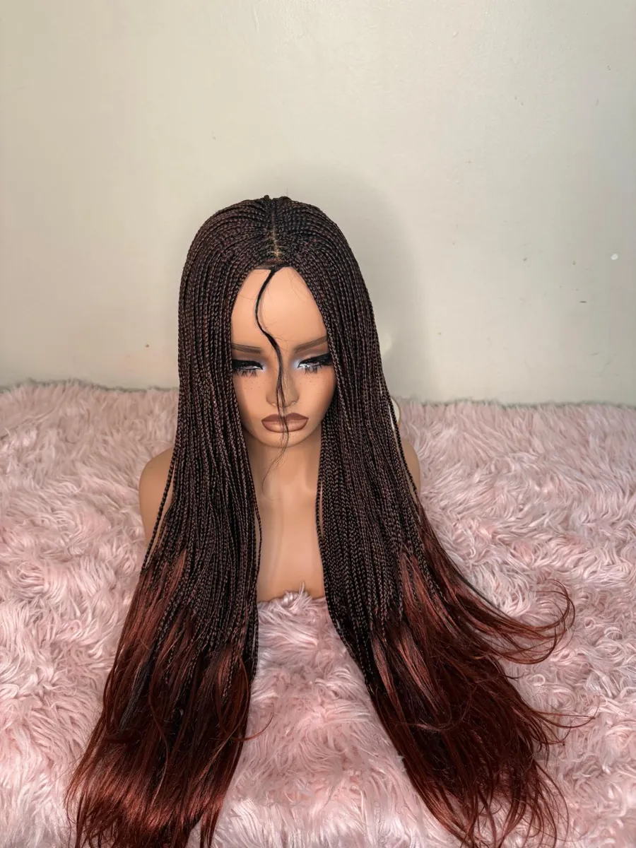 Burgundy Ombre Micro Braids, Wavy Ends