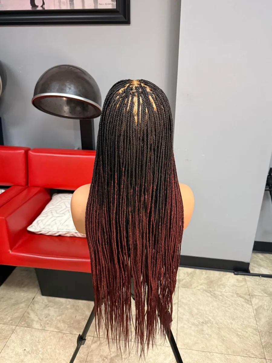 Red-Brown Ombre Micro Braids, Blonde Parts